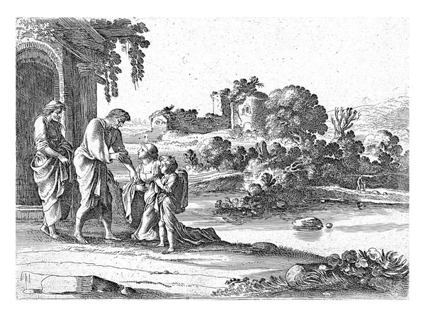 撒拉和亚伯拉罕俯伏在夏甲的膝上 旁边是以实玛利 在后面是一个池塘和一些废墟 — 图库照片