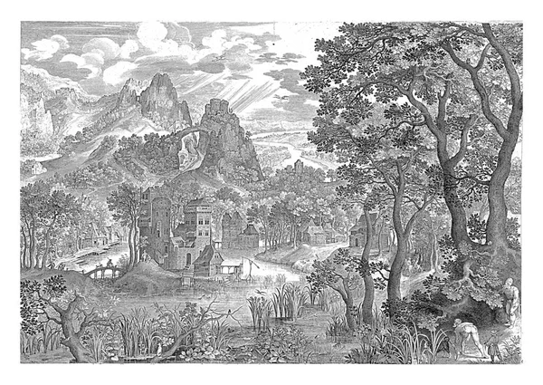 アヒル狩りの風景 ニコラス ブライン ファンConinxloo後 1600城と山の風景 右前に二人の男が水鳥を狩り — ストック写真
