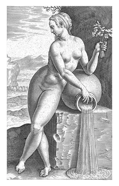 水ニンフ ガルガ フィリップス 1587水ニンフ ガルガ 石のブロックに座って 彼女の手にはたくさんの花と水が流れる石のピッチャー — ストック写真