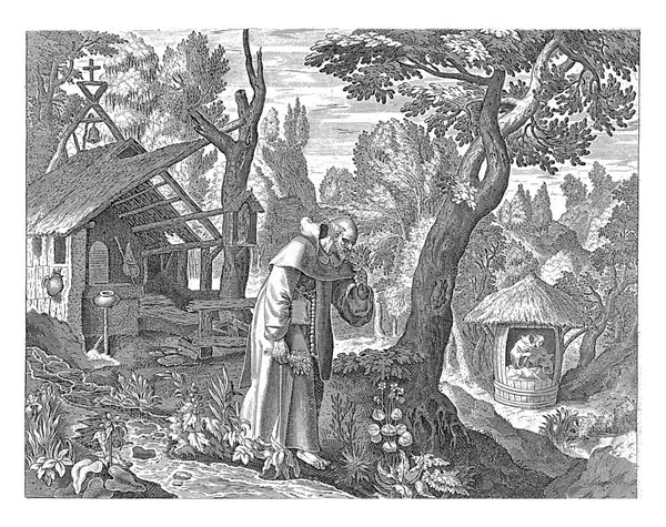 Troyes Aziz Helenus Çöldeki Kulübesinin Önünde Bahçesinden Otlar Topluyor Arka — Stok fotoğraf