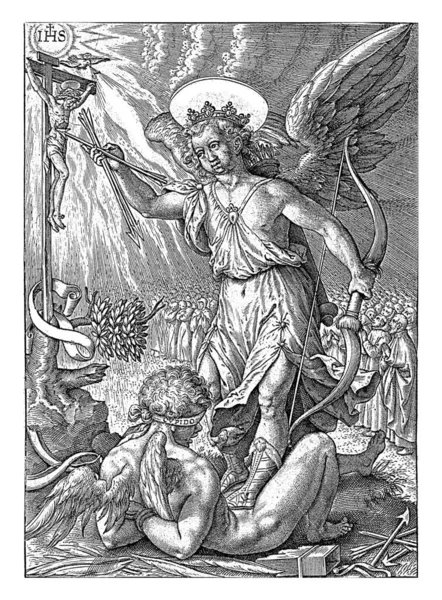 天の愛 ヒエロニムス ウィリックス1563年 1581年以前天の愛の人格化である冠を被った天使が 目隠しをして縛られたアモールを踏みにじる — ストック写真