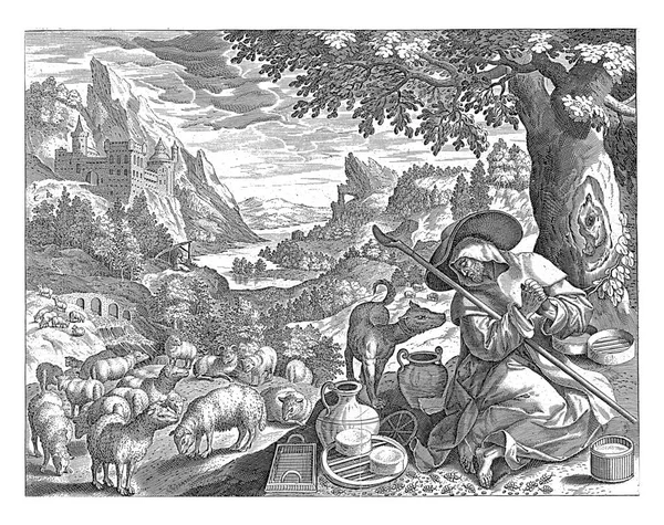 カルシスの聖マルコス 羊の世話をしている 背景には 彼の妻が修道女として住んでいる風景の小屋 — ストック写真