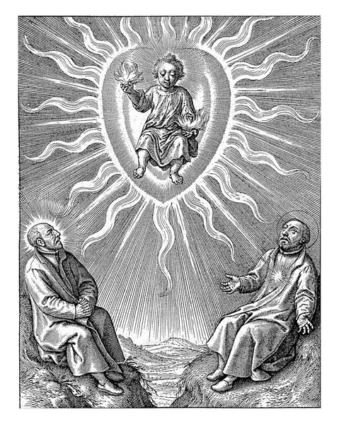 Dziecko Chrystusa Siedzi Płonącym Sercu Jego Rękach Również Płomienie Patrzy — Zdjęcie stockowe