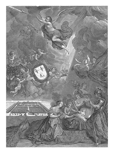 威廉三世出生的说法 1650年11月14日 密涅瓦 丘比特和弗洛拉与孩子站在摇篮旁跪着 — 图库照片