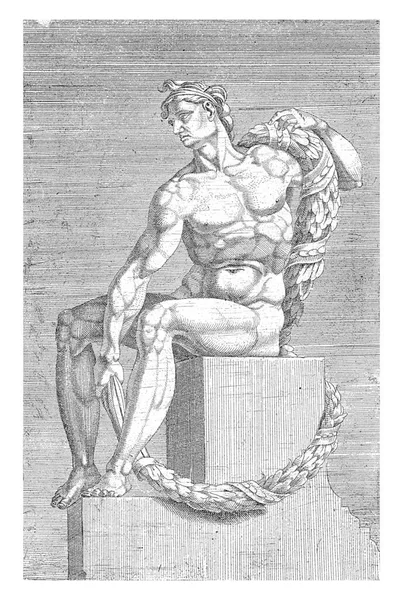 坐着赤身裸体的年轻人 左边的轮廓 米开朗基罗在西斯廷教堂的裸体画系列20幅 — 图库照片