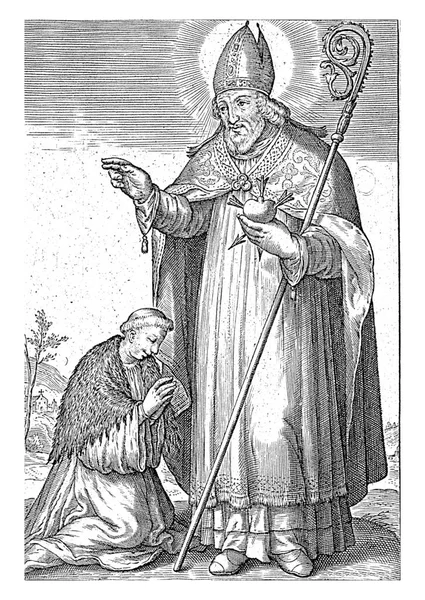 Saint Augustine Miter Crosier Pierced Heart Hand Him Kneeling Priest — Stock Photo, Image