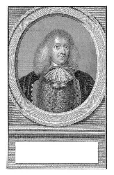 在一个椭圆形的Hieronymus Van Beverningk爆炸 肖像画下面是荷兰文三行的名称和头衔 — 图库照片