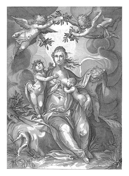 3つの神の美徳の1つである愛の女性の人格は子供に似ており 彼女の隣に立っている2人の子供を包含しています パッティは月桂樹の花輪と花で彼女の頭の上を飛んで — ストック写真