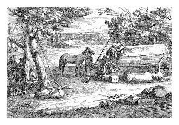 右側のカートで 真ん中に馬を持つ男 兵士2本の木が左側に残り 木に対して銃 背景に騎兵 — ストック写真