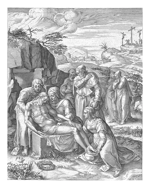 Ентомбмент Христа Корнеліс Корт Після Джуліо Кловіо 1568 Перед Отвором — стокове фото