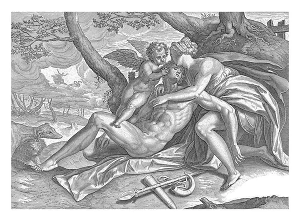 Венера Амор Оплакують Смерть Адоніса Венера Тримає Кохану Руках Зброя — стокове фото