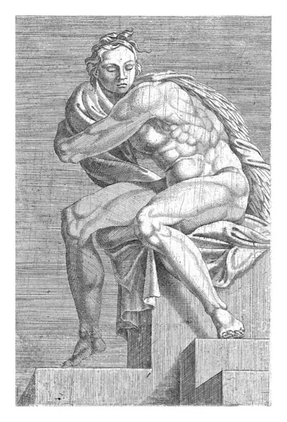 左側のプロフィールでは 裸の若い男が座っていた システィーナ礼拝堂のミケランジェロの裸体が描かれた20点の版画から — ストック写真