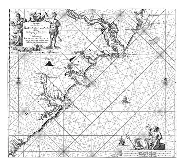 Cestovní Mapa Části Pobřeží Brazílie Dvěma Kompasovými Růžemi Sever Vrcholu — Stock fotografie