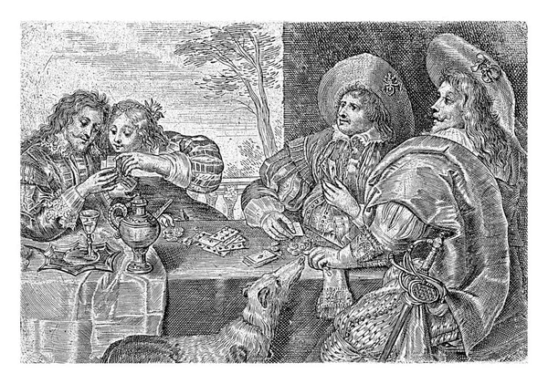 Трое Мужчин Женщина Сидят Столом Играют Карты Человек Другую Сторону — стоковое фото