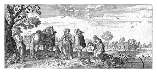 一对衣冠楚楚的夫妇和一匹被仆人牵着的马站在一起 右边是乞丐向他们乞讨施舍 左边是年轻人和狗 — 图库照片