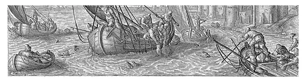 海に漁船がいくつかある 漁師たちは主に平魚を捕る 印刷にはラテン語のキャプションが付いており 54枚の印刷の一部です — ストック写真