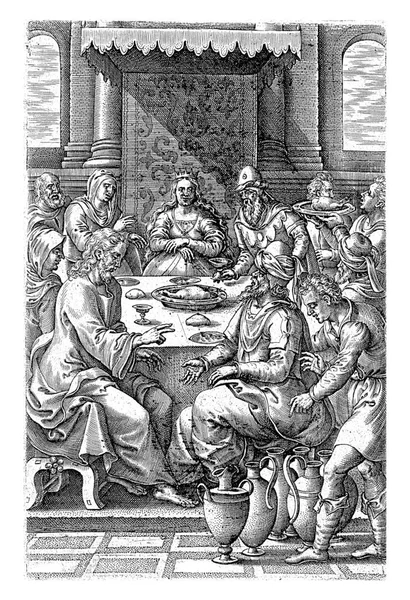 1571年 皮埃特 范德尔博尔赫特之后 约翰内斯 维鲁瓦在加纳的婚礼新婚夫妇和宾客围坐在一张桌子旁 基督赐福于酒瓶 并将酒瓶中的水变为酒 — 图库照片
