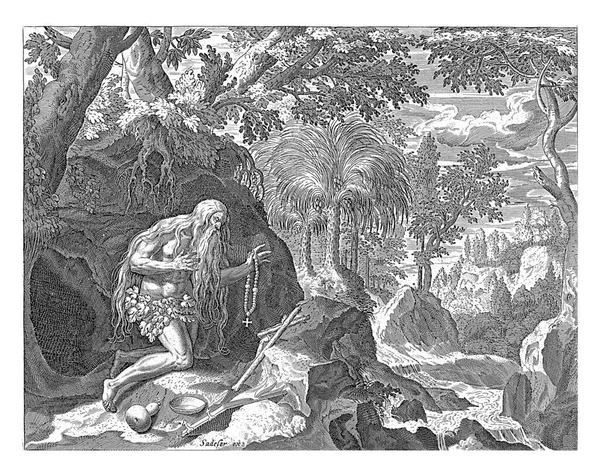 Büyük Aziz Onyphrius Çöldeki Bir Mağaranın Önündeki Keşiş Gibi Yapraktan — Stok fotoğraf