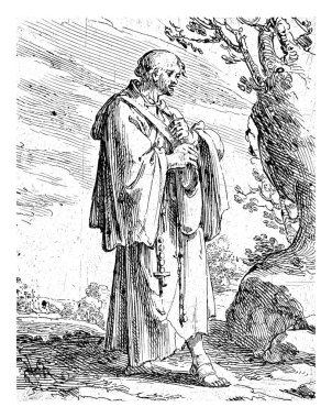 Mendicant Monk, Andries, her ikisi de, 1622 - 1642 yılları arasında bir mandicant keşiş, bir peyzajda duruyor, eski bir oyma..