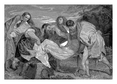 İsa 'nın Mezarı. İsa 'nın bedeni Aritmathea' lı Yusuf, Nicodemus ve üçüncü bir havari tarafından mezara taşınır. John Mary 'yi destekliyor.