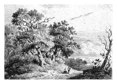 Oturmuş ve ayakta duran bir figürle donuk bir manzara..