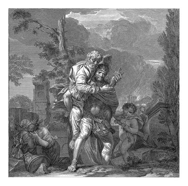 Aeneas, yaşlı babası Anchises 'in sırtında yanan Truva' dan kaçıyor. Ağlayan oğlu onun yanında yürüyor. Sol tarafta Aeneas 'ın karısı elleri yüzünün önünde..