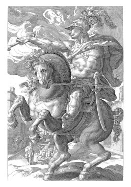 Kahraman Marcus Curtius at sırtında, sağ elinde bir kaptan asası. Arka planda, tanrıları memnun etmek için at ve diğer şeylerle bir uçuruma atlarken görülebilir..