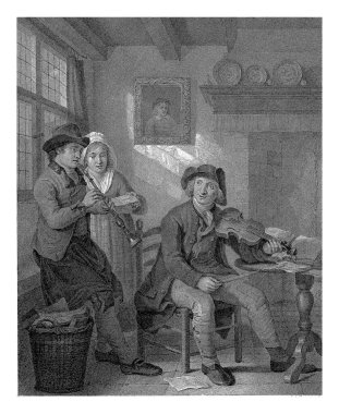 İki erkek ve bir kadın oturma odasında birlikte müzik yapıyorlar. Kadın şarkı söylüyor, bir adam keman çalıyor, diğeri de Shawm. Soldaki pencereden, kadının müzik sayfasında ışık parlıyor..