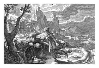 Thisby, Pyramus 'la buluşmak için kuyunun etrafında dolaşan bir aslana endişeyle bakar..