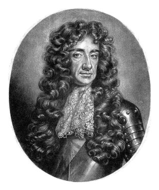 Charles II, İngiltere, İskoçya ve İrlanda Kralı. Koşum takımı ve uzun bir peruk takıyor..