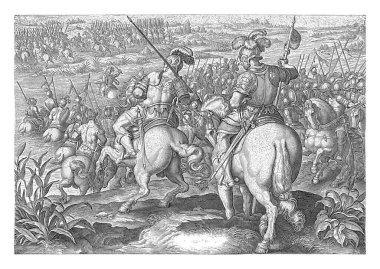 Giovanni de Medici, 'Dalle Bande Nere' olarak adlandırılır, atlılarıyla birlikte İspanyol ordusunu kovalar. Baskının Latince bir başlığı var ve De 'Medici ailesinin aile tarihinin bir parçası..