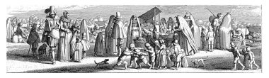 Sebze tezgahlarındaki figürler, Jan van de Velde (II), 1603 - 1641 Sebze pazarındaki zarif giyimli bayanlar ve baylar. Sağda bazı kadınların başlık giydiği bir sebze tezgahı var..