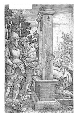 Titus Manlius Torquatus 'un oğlu Georg Pencz, 1535 Titus Manlius Torquatus giyotinin bir öncülünün yanında duruyor..