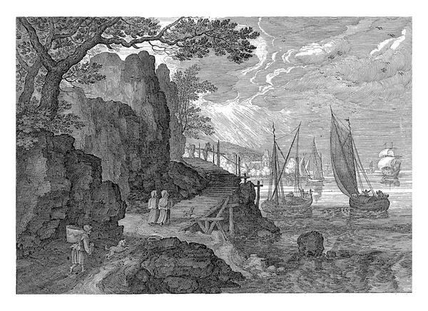 岩の多い風景の中に港の景色 左側には旅行者と犬を連れた田舎道 チロルの風景と6部作の第2作目 — ストック写真