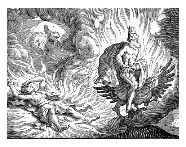 彼の頭に王冠と彼の属性鷲の横に木星は 木星の雷によって消費されているバッカスの母親セメレから逃げます — ストック写真