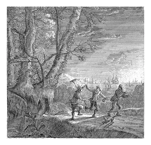 三个农民沿着海岸走在一条小径上 他们跳舞 其中一人吹奏长笛 一只狗给他们 — 图库照片