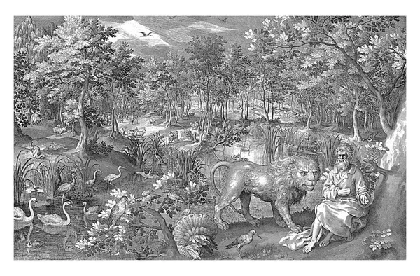 荒野の預言者エレミヤ 彼の周りにライオンを含む様々な野生動物 印刷へのキャプションは エレミヤ12章の預言を指します — ストック写真