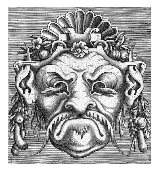 マスクは その耳にその頭と果物の庭にシェルを持っています 面のいくつかの方法の先住民の富 と題された18のシリーズから14枚のシートの一つ — ストック写真