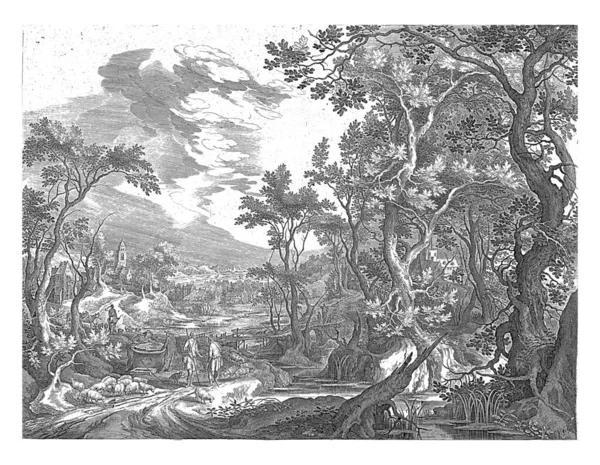 雅各布和哈兰在井边的人 隆德谢尔 在吉里斯 克莱斯之后 1601 1652年与Jakob和附近Haran镇的人在井边的湿地景观 — 图库照片