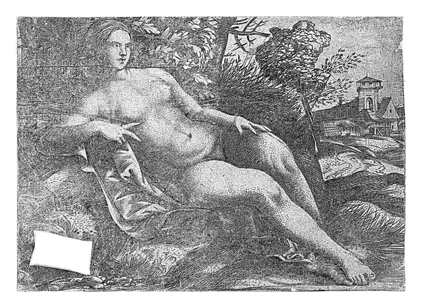 Vénus Couchée Dans Paysage Domenico Campagnola 1517 Gravé Vintage — Photo
