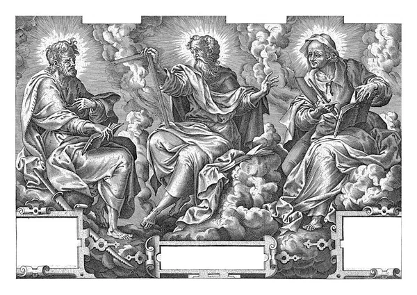 使徒たちシモン ゼロテ サデウス マティアスは 雲の中に座して それぞれの特徴を持ち 正方形と斧で見ました — ストック写真