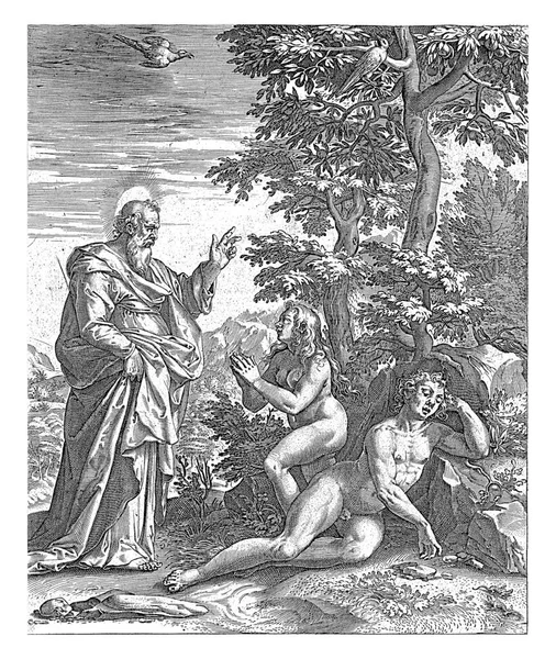 右側の木のグループの前で アダムは眠っています エバは 父なる神が彼女の前に立っておられるのを見上げ 髭を生やした老人の隣でひざまずいています ラテン語で6行のキャプション付き — ストック写真
