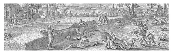 现在是夏天猎人用在玉米地上伸展的网捕鸟 该印刷品有拉丁文字幕 是54幅系列印刷品的一部分 — 图库照片