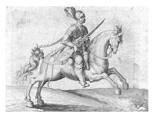 Een Gepantserde Man Paard Rechts Rijdend Een Harquebus Licht Geweer — Stockfoto