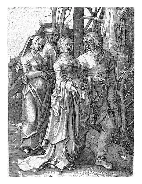 林子里有两对散步的夫妇 按照1505年至1515年的流行服饰穿衣 — 图库照片
