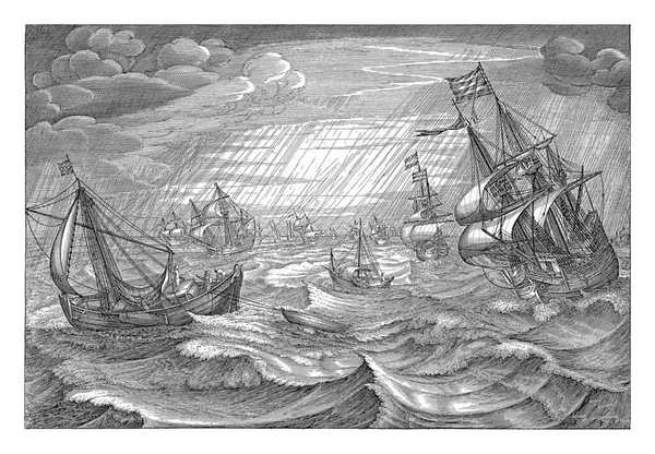 Robert Baudous 在Cornelis Claesz之后 范维林根 1591 1618年 风雨交加的海景 用拉丁文写了个标题以海景为代表的四季系列的印刷品 — 图库照片
