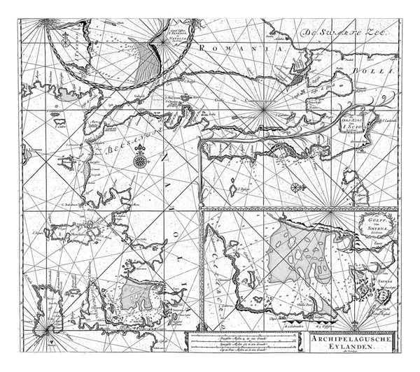 エーゲ海の北東部 マルマラ海とボスポラス海の4つのコンパスのバラのパスポートマップ タイトルとドイツ語 スペイン語 英語またはフランス語のマイルのスケールの右下 — ストック写真
