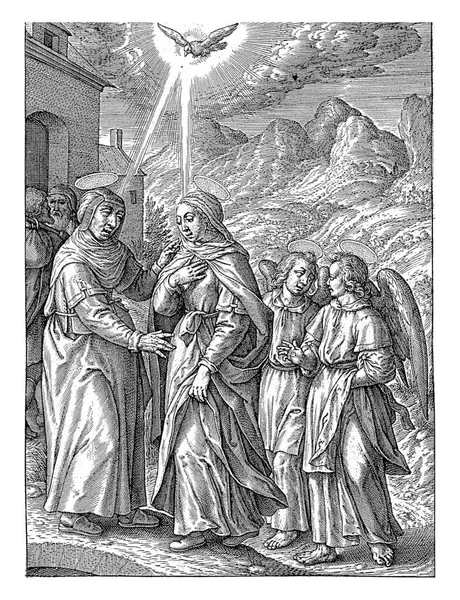 1563年 ハイエロニムス ウィリックス 英語版 の訪問 1619年以前にマリアは従兄弟のエリザベトを訪れた 天使は2人いる ザカリアスとジョセフの戸口で — ストック写真