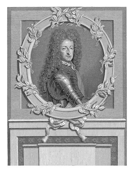 ウィリアム3世の肖像 オレンジの王子 ピーター ファン ガンスト 1688 1699オレンジの枝と華やかな楕円形でウィリアム3世の肖像画 台座の上に名前と称号がある — ストック写真