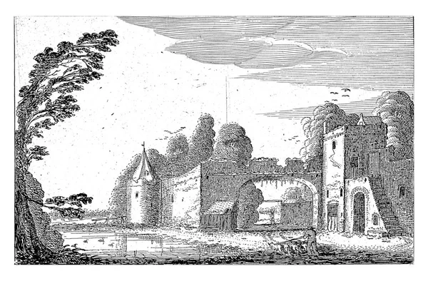 塔楼和城门的废墟 维尔德 1616年一位牧羊人 他的羊群在一座风景秀丽的两座塔楼之间的一个古老的大门前 第八幅来自20系列的图片 — 图库照片
